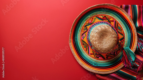 Traditional Mexican Sombrero and Brightly Woven Fabric on Red Background Representing Cultural Heritage