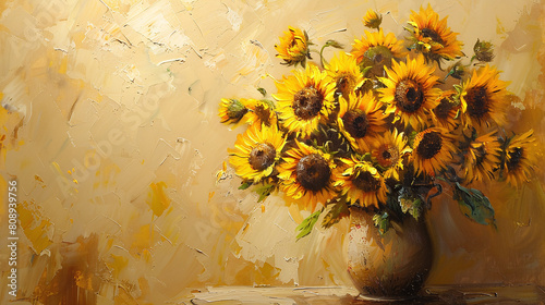 Vibrant Sunflower Bouquet in Rustic Vase against Textured Gold Background