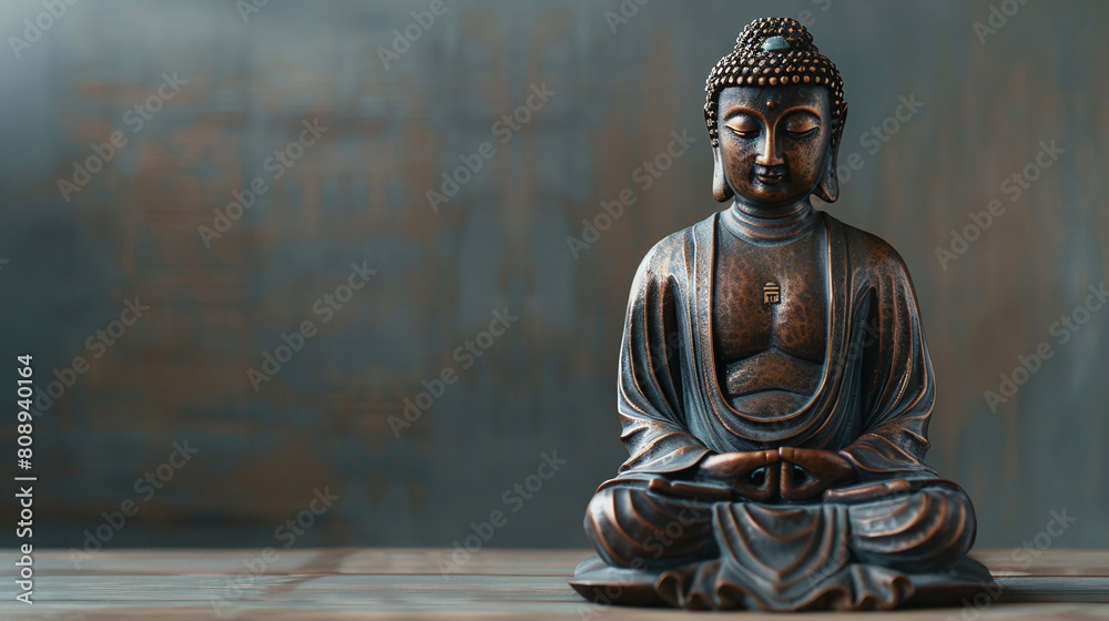Bronze Buddha Statue in Meditation Pose on Rustic Wooden Table with Blurred Grey Background Bronze Buddha Statue in Meditation Pose on Rustic Wooden Table with Blurred Grey Background