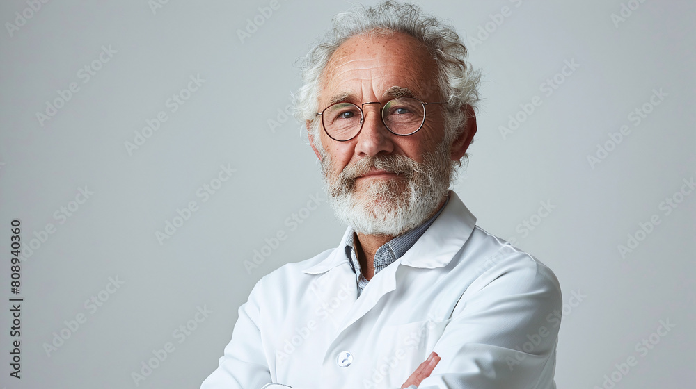 Senior White Haired Male Scientist in Lab Coat Posing Confidently Plain Background Senior White Haired Male Scientist in Lab Coat Posing Confidently Plain Background