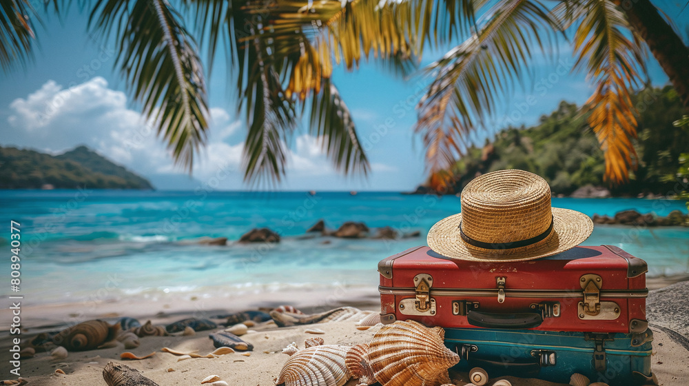 Tropical Beach Vacation Concept with Suitcase Straw Hat and Seashells on Sandy Shore Tropical Beach Vacation Concept with Suitcase Straw Hat and Seashells on Sandy Shore