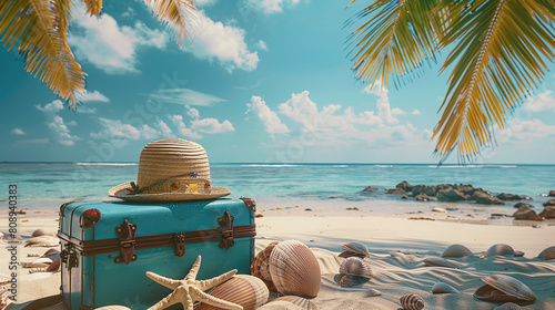 Vintage Teal Suitcase and Straw Hat on Sandy Beach with Palm Leaves and Blue Ocean Scene © Kiss
