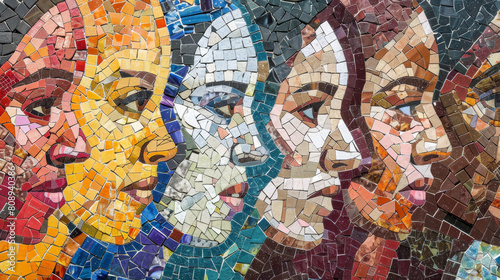 Close-up of a colorful mosaic made of diverse human faces representing different ethnicities, genders, and ages to symbolize diversity and belonging © otter2