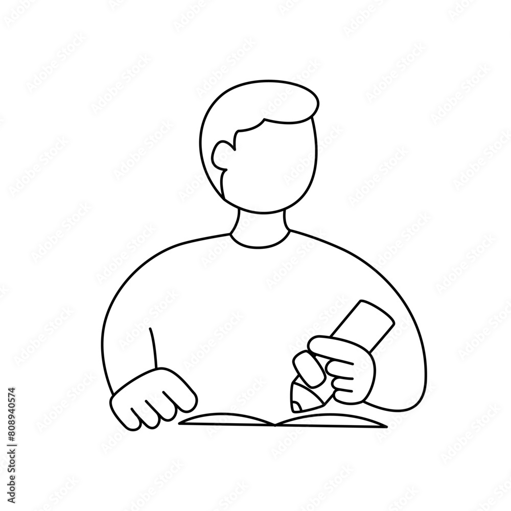 Boy writes something in his notebook. Line illustration, editable stroke