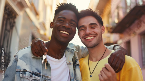 Diverse gay couple holding house keys together, with copy space Stock Photo photography photo