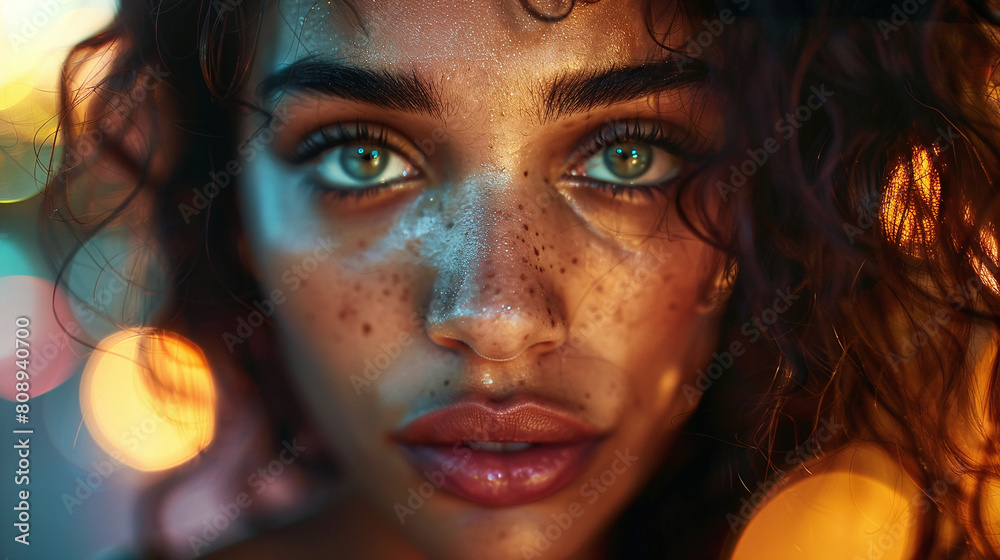 Intense Close Up Portrait of Young Woman with Blue Eyes and Freckles Glowing in Warm Amber Light