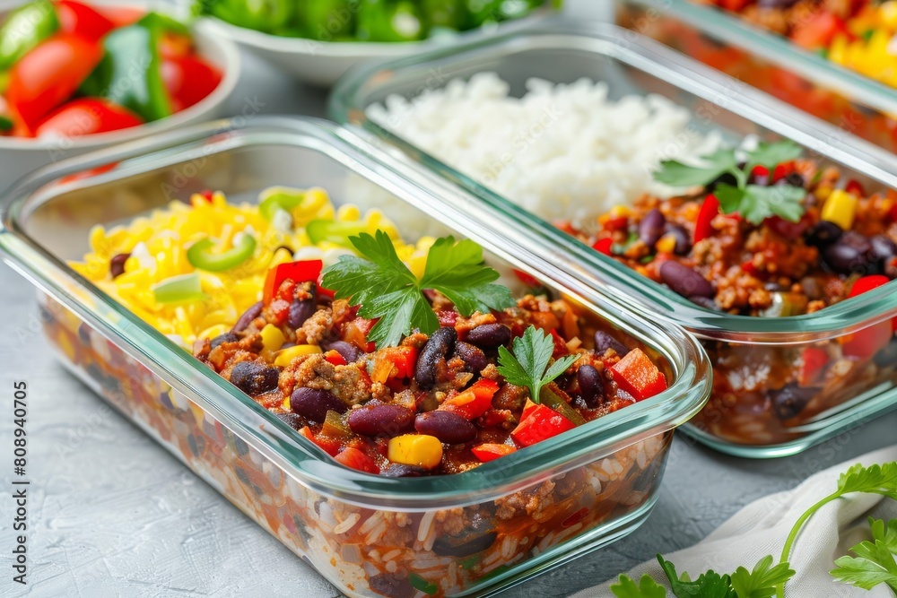 chili meal prep in glass containers with separate rice compartments appetizing food photography