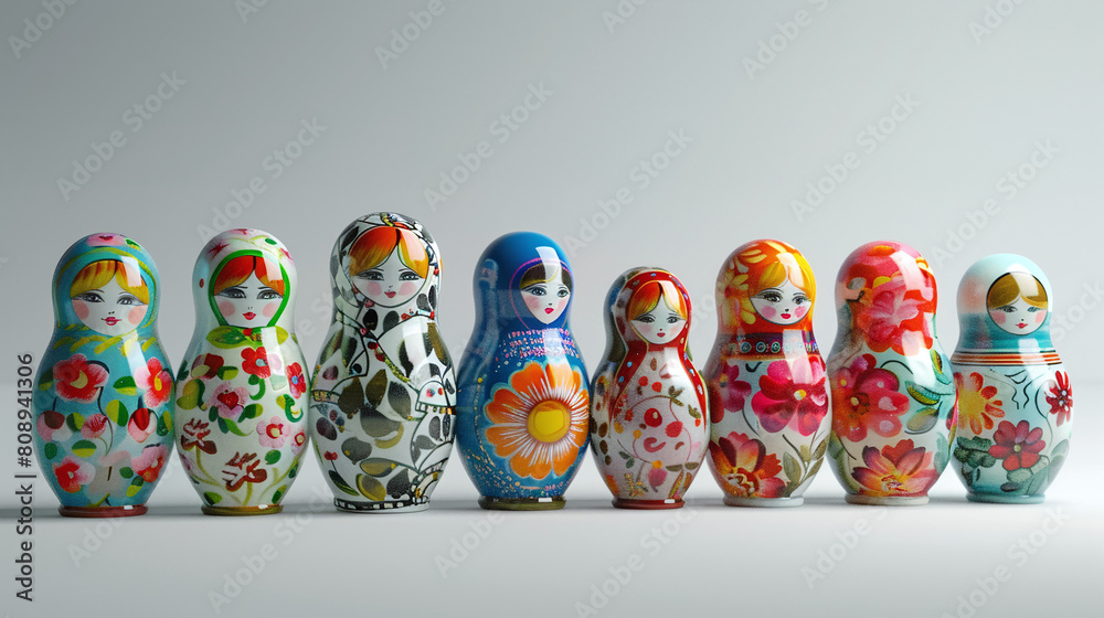 Variety of Russian Matryoshka Nesting Dolls with Floral Patterns White Background