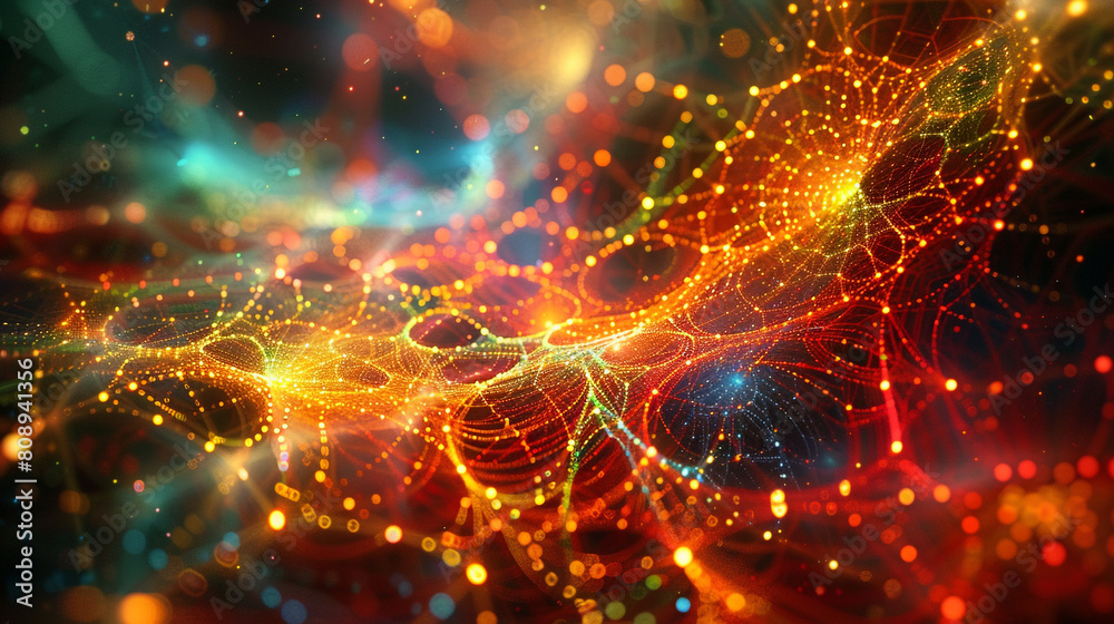 A digital universe where nodes are linked by radiant, colorful strands forming an intricate web. A digital universe where nodes are linked by radiant, colorful strands forming an intricate web.