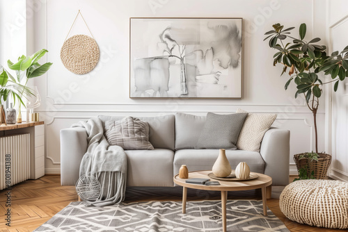 Scandinavian style living room with light grey sofa, houseplants, wooden floor. A large abstract painting hangs on the white wall