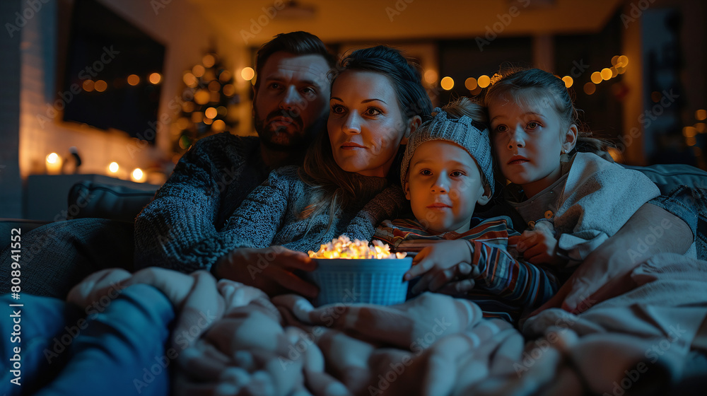 Family Enjoying Movie Night at Home with Popcorn in Cozy Living Room with Christmas Tree Lights