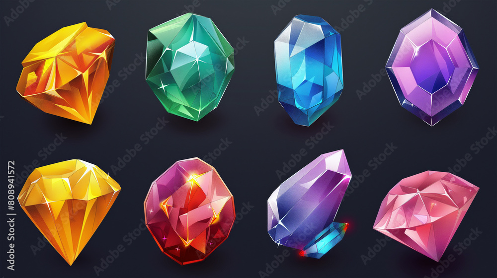 Set of Awesome gem icon isolation on dark background, Illustration. Set of Awesome gem icon isolation on dark background, Illustration.
