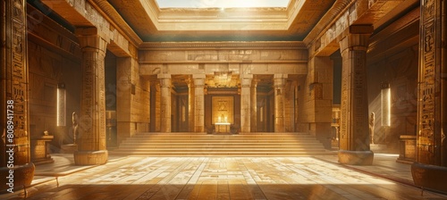 Ancient old temple interior with column. Landmark religion building architecture. Generative AI technology. 
