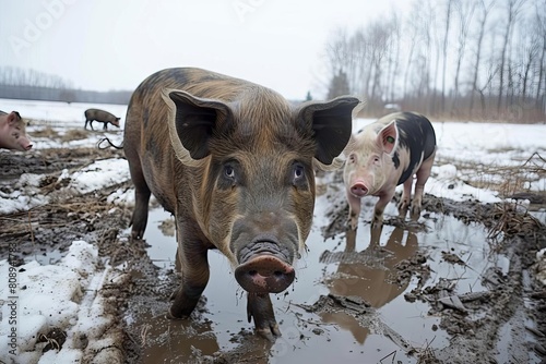 contented pigs roaming freely in farm meadow and mud animal welfare and ethical farming practices concept photo