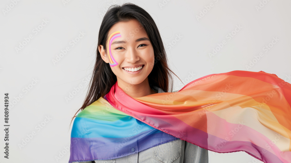 Φωτογραφία A happy and beautiful young Asian woman in casual clothes with a rainbow LGBT flag stands over an isolated white studio background