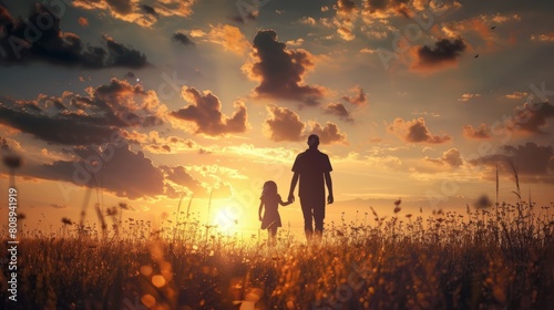 silhouette father with little daughter walk at sunset. father's day background concept