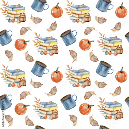 Cozy autumn seamless pattern in warm retro colours with books, pumpkin, blue metal cup of coffee and colorful leaves.Watercolor background for harvest season poster, fall decor, stationery,book store