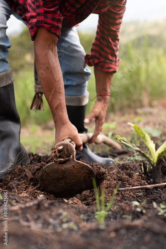 lifestyle: close-up of a farmer's hands picking up a hoe from the ground