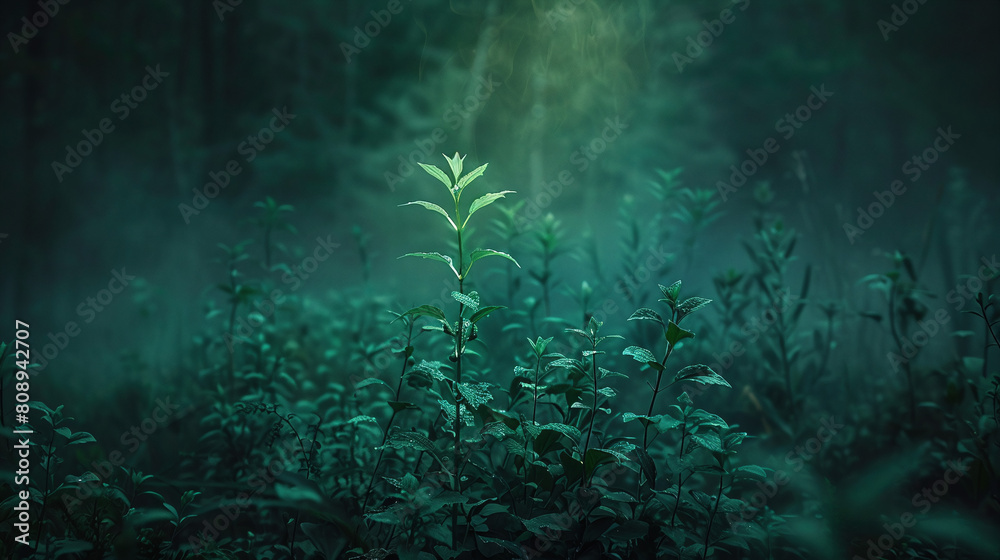 Fototapeta premium Single Green Plant Glowing in Misty Dark Blue Forest Morning Light