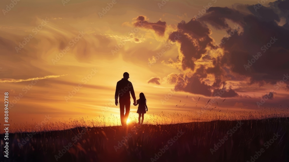 silhouette father with little daughter walk at sunset. father's day background concept silhouette father with little daughter walk at sunset. father's day background concept