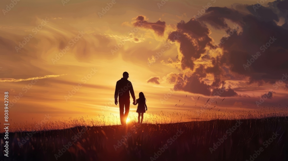 silhouette father with little daughter walk at sunset. father's day background concept