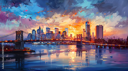 oil painting on canvas, New York City - beautiful sunset over manhattan with manhattan and brooklyn bridge, USA photo
