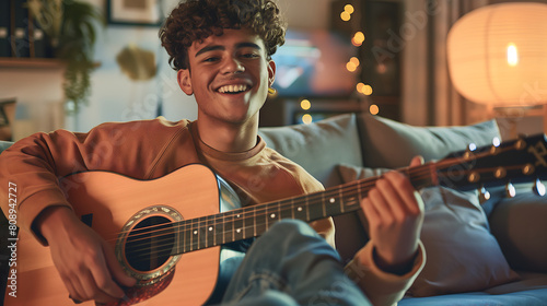 Cheerful Young Black Musician Playing Acoustic Guitar in a Cozy Evening Setting