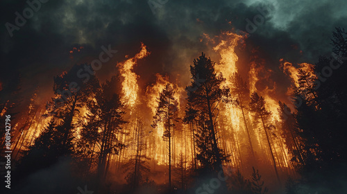 Intense Wildfire Engulfs Forest at Dusk Flames Smoke Dark Skies