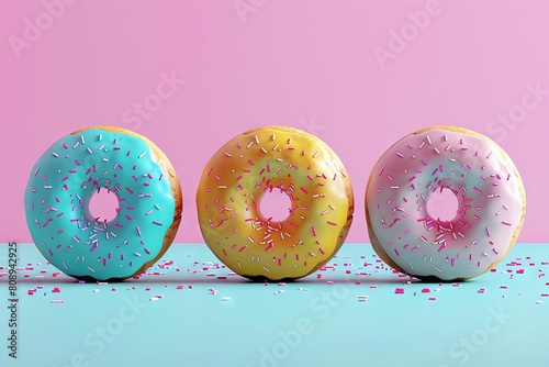 delectable trio of vibrant donuts on minimalist pastel background digital illustration