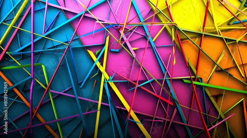A geometric array of colorful lines intersecting at random, creating a dynamic plexus effect. photo