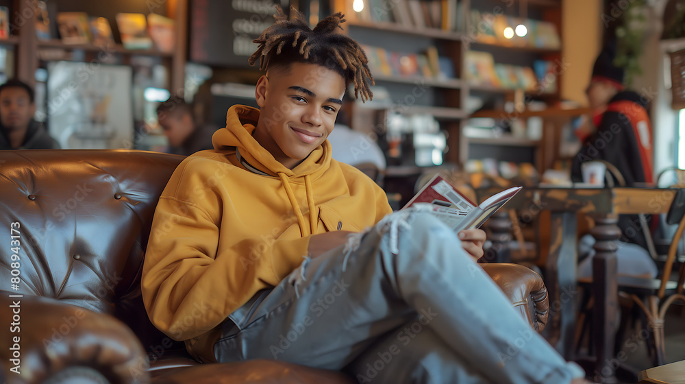 Smiling Young African American Man Reading a Book in the Cozy Corner of a Busy Cafe