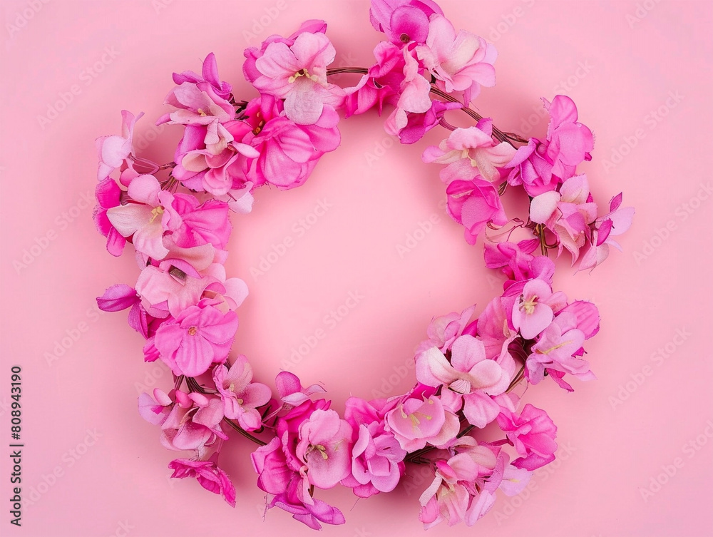 Wreath made of pink flowers on pink background. Flat lay, top view, copy space Wreath made of pink flowers on pink background. Flat lay, top view, copy space