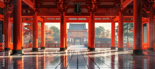 Grand Japanese Shinto temple interior with column. Landmark religion building architecture. Generative AI technology.	
 photo