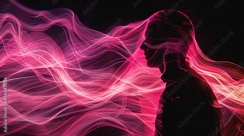Silhouette of Man with Vibrant Pink Light Trails on Black Background