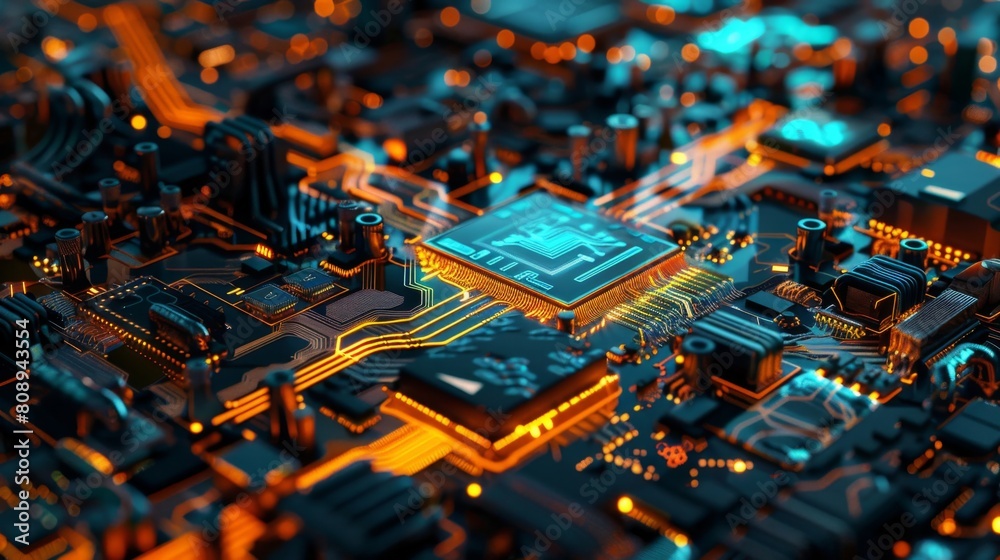 a close up of a computer circuit board with a blue light a close up of a computer circuit board with a blue light