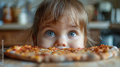 Toddler with Blue Eyes Peering Over Delicious Cheese Pizza in Home Kitchen Setting