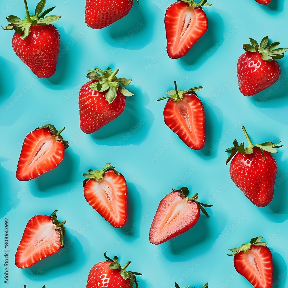 A close up of a blue background with a bunch of strawberries on it. The strawberries are cut in half and arranged in a pattern A close up of a blue background with a bunch of strawberries on it. The strawberries are cut in half and arranged in a pattern