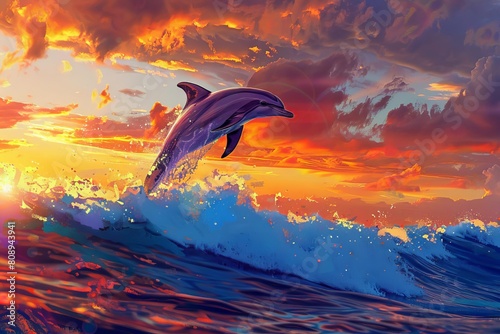 dolphin leaping gracefully over sea at vibrant sunset ocean waves colorful sky digital painting