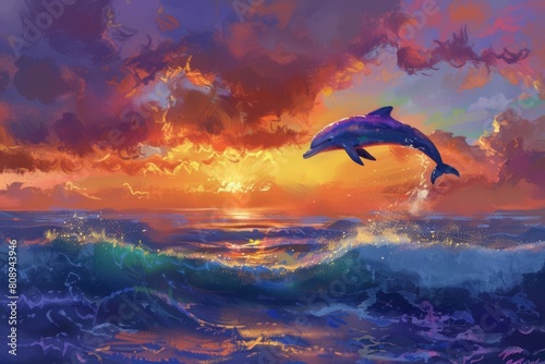 dolphin leaping gracefully over sea at vibrant sunset ocean waves colorful sky digital painting