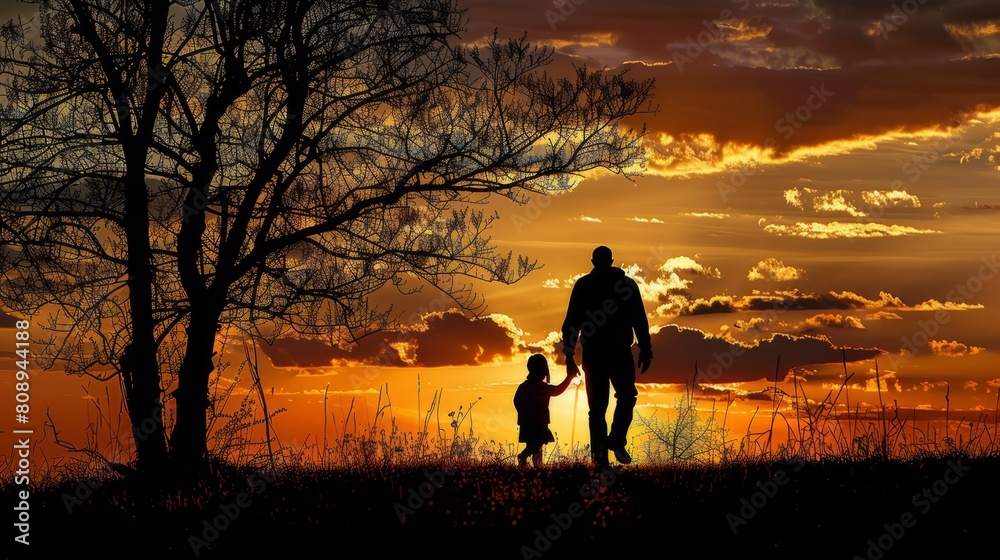 Fototapeta premium silhouette father with little daughter walk at sunset. father's day background concept