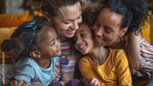 Family children gay parents concept. Happy multiethnic women couple having fun with kids at home Stock Photo photography