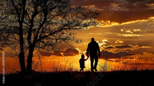 silhouette father with little daughter walk at sunset. father s day background concept