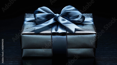 Luxury Dark Grey Gift Box with Elegant Satin Ribbon on Black Background Perfect for Special Occasions