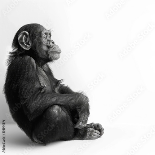 a black and white photo of a chimpanzee sitting on the floor