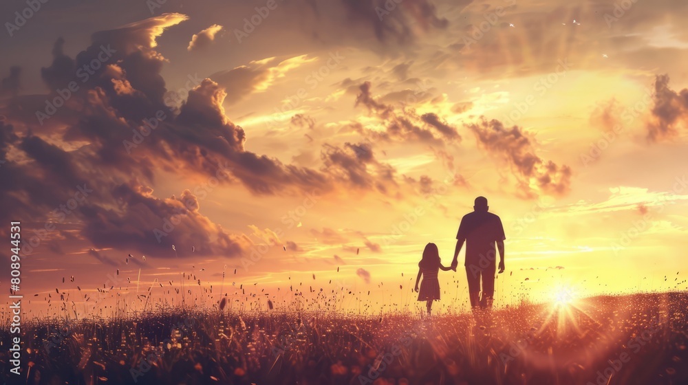 silhouette father with little daughter walk at sunset. father's day background concept silhouette father with little daughter walk at sunset. father's day background concept