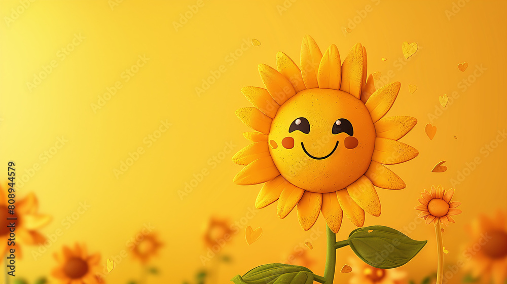 Smiling Sunflower Illustration with Happy Face on Vibrant Yellow Background