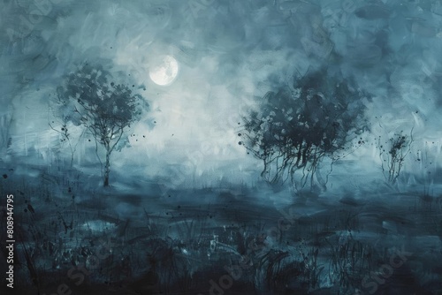 eerie fog shrouds moonlit field with silhouetted trees atmospheric landscape painting