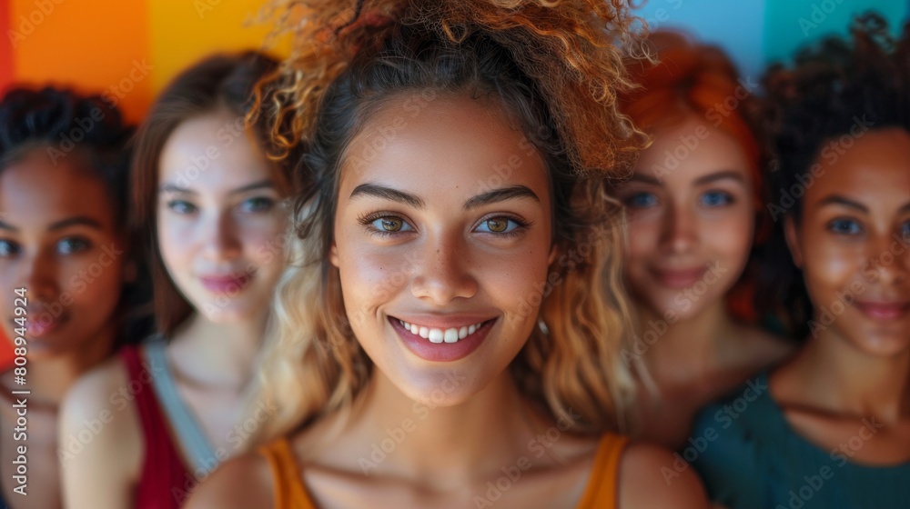a group of young women standing together in front of a colorful wall