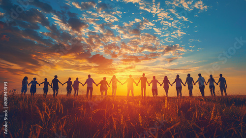 Silhouetted Group Holding Hands in Sunset Field under Blue Orange Sky