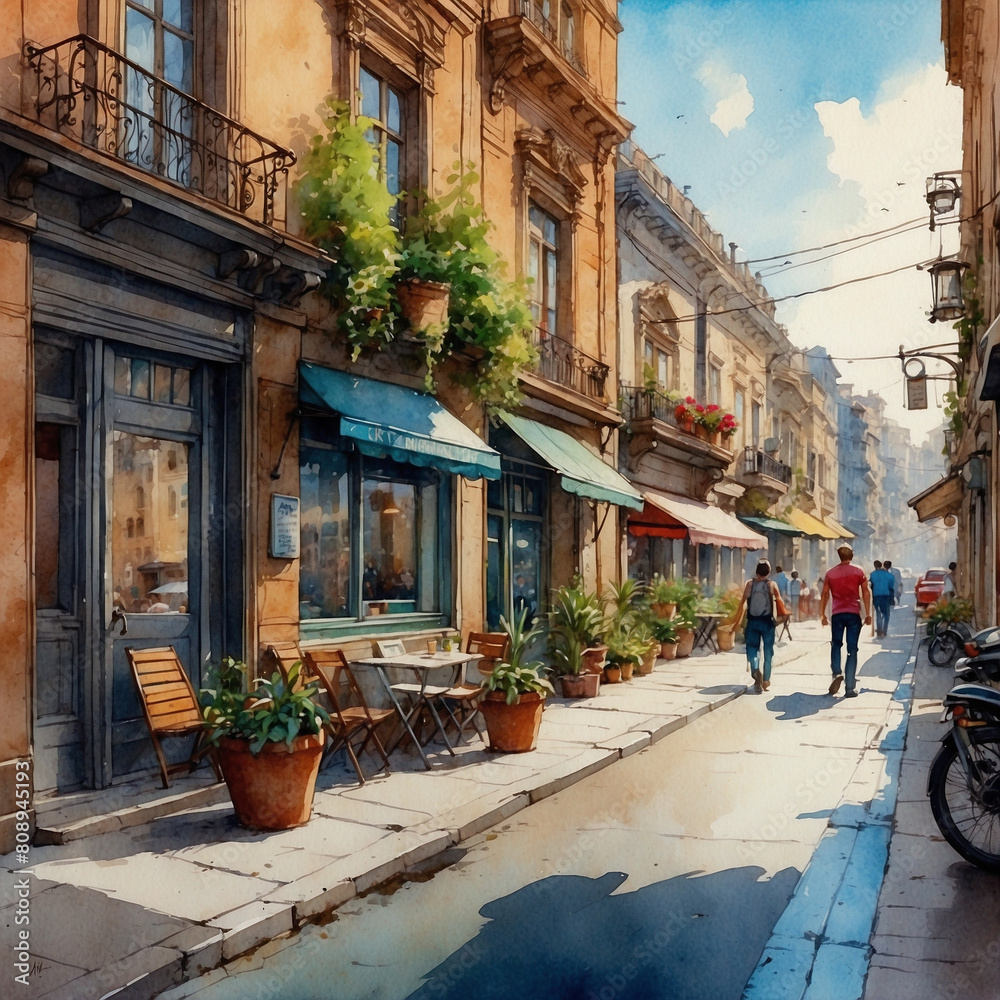 Obraz premium Charming European Street Scene with Outdoor Cafe and Architecture